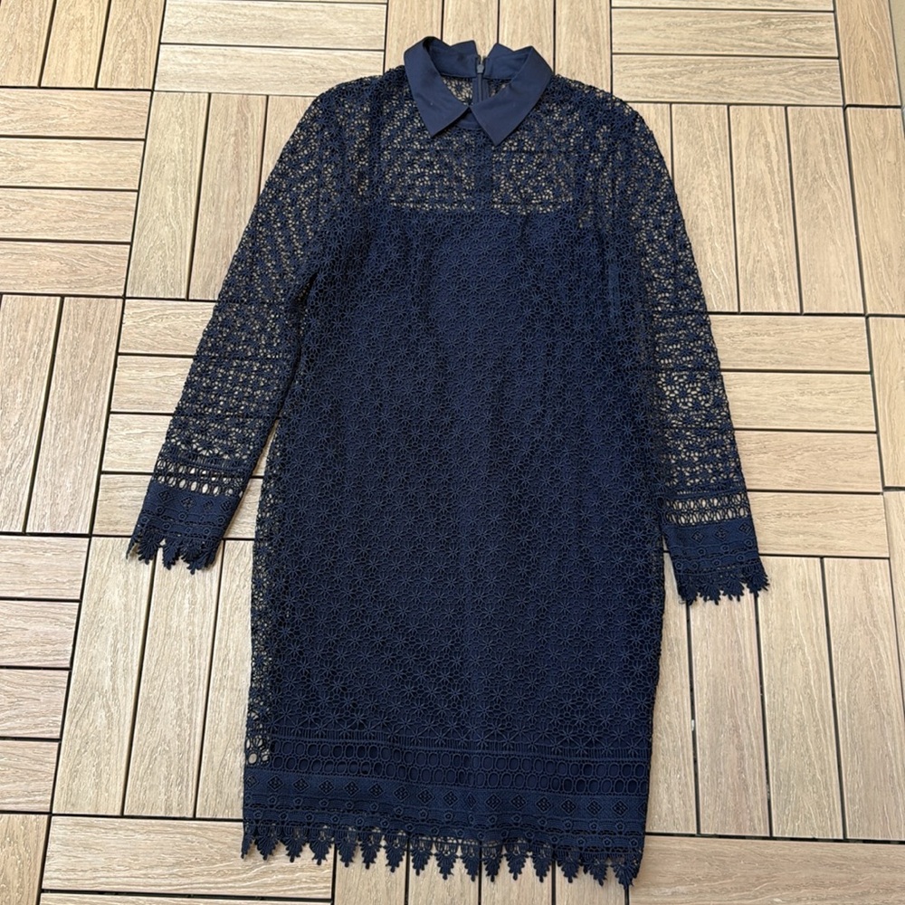 Lauren Ralph Lauren navy blue lace floral under slip long sleeve dress - Picture 8 of 11